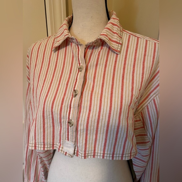 We The Free Orange and Cream cropped Striped button down Shirt - Picture 4 of 6